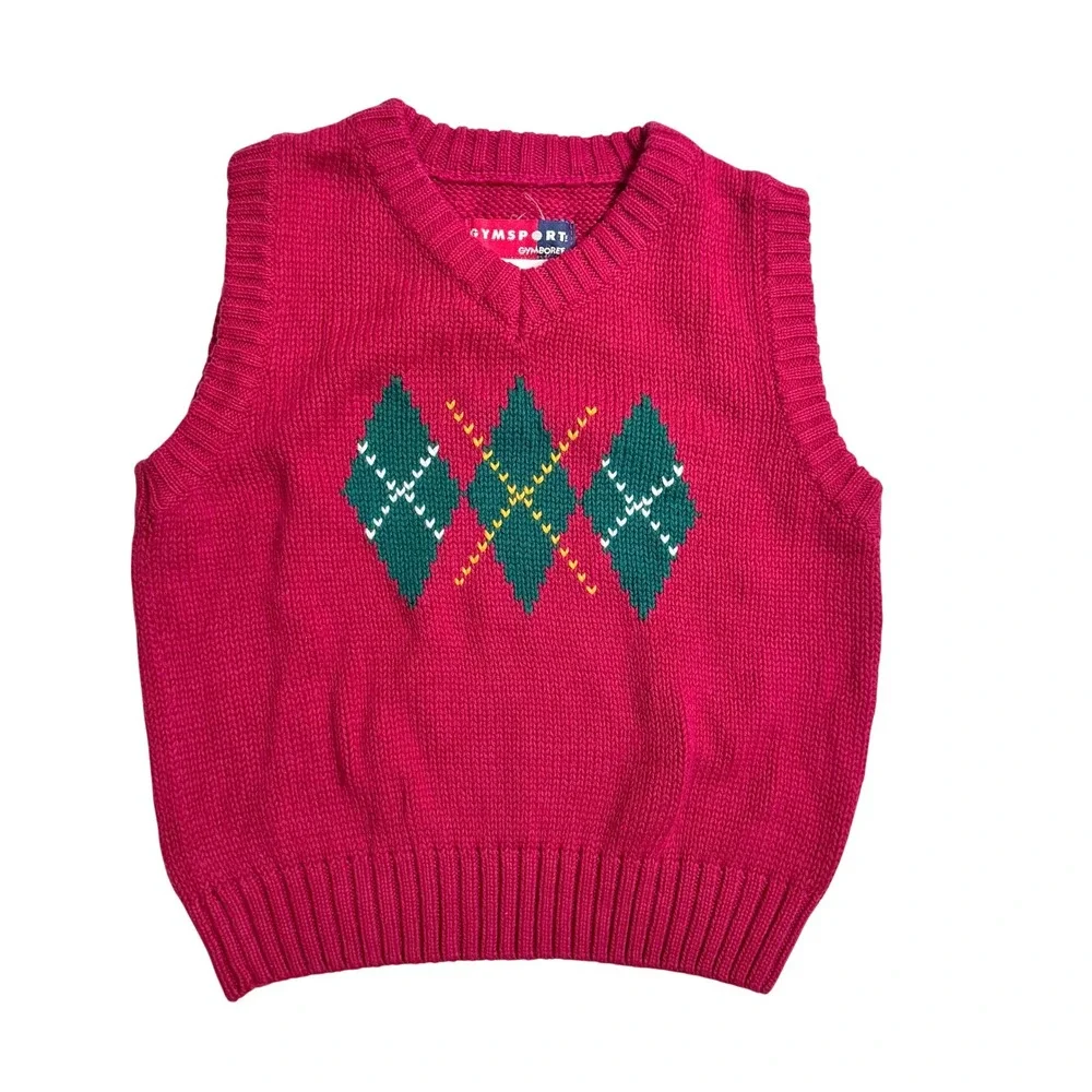 VTG Gymboree Gymsport Sweater Vest 2T-3T Red Green Argyle V-Neck Knit Cotton